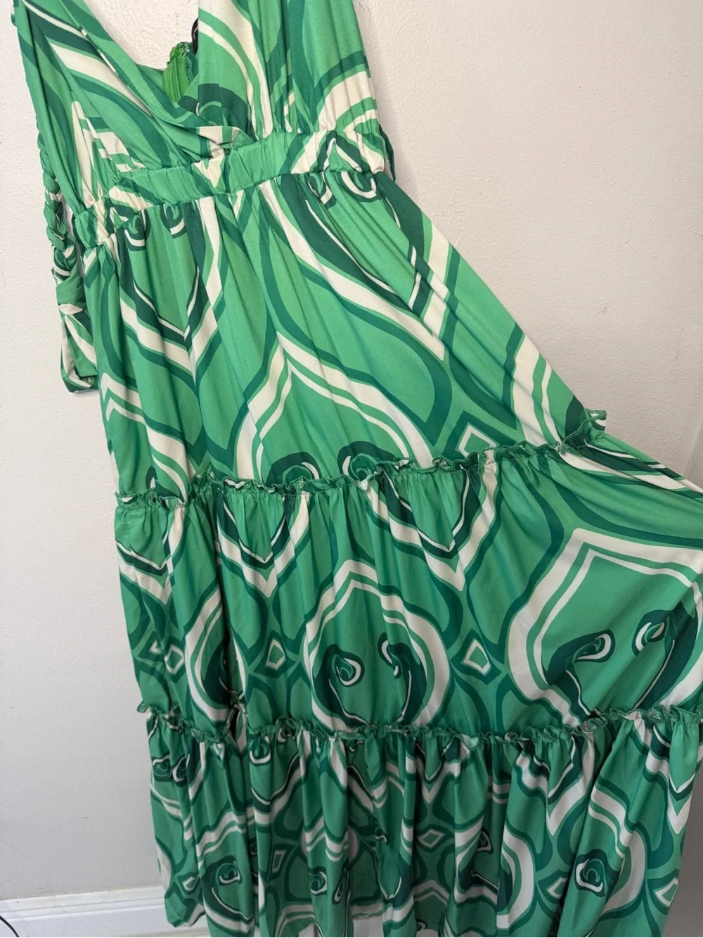 Green Abstract-Print Tiered Maxi Dress with V-Neck